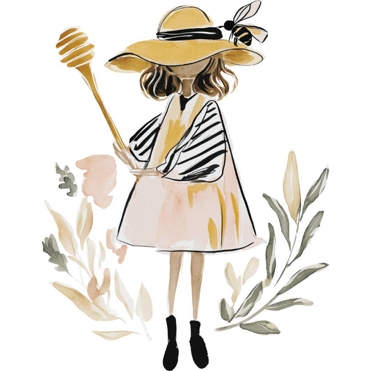 honey gold, cream, soft peach, black, sage green, olive green, watercolor, botanical, nature, whimsical, elegant, vintage, girl illustration, woman figure, bee, honey dipper, leaves, organic, hand-painted, minimalist, spring, summer, fashion illustration, lifestyle, cottage core, nature lover, beige, neutral palette, artistic, decorative