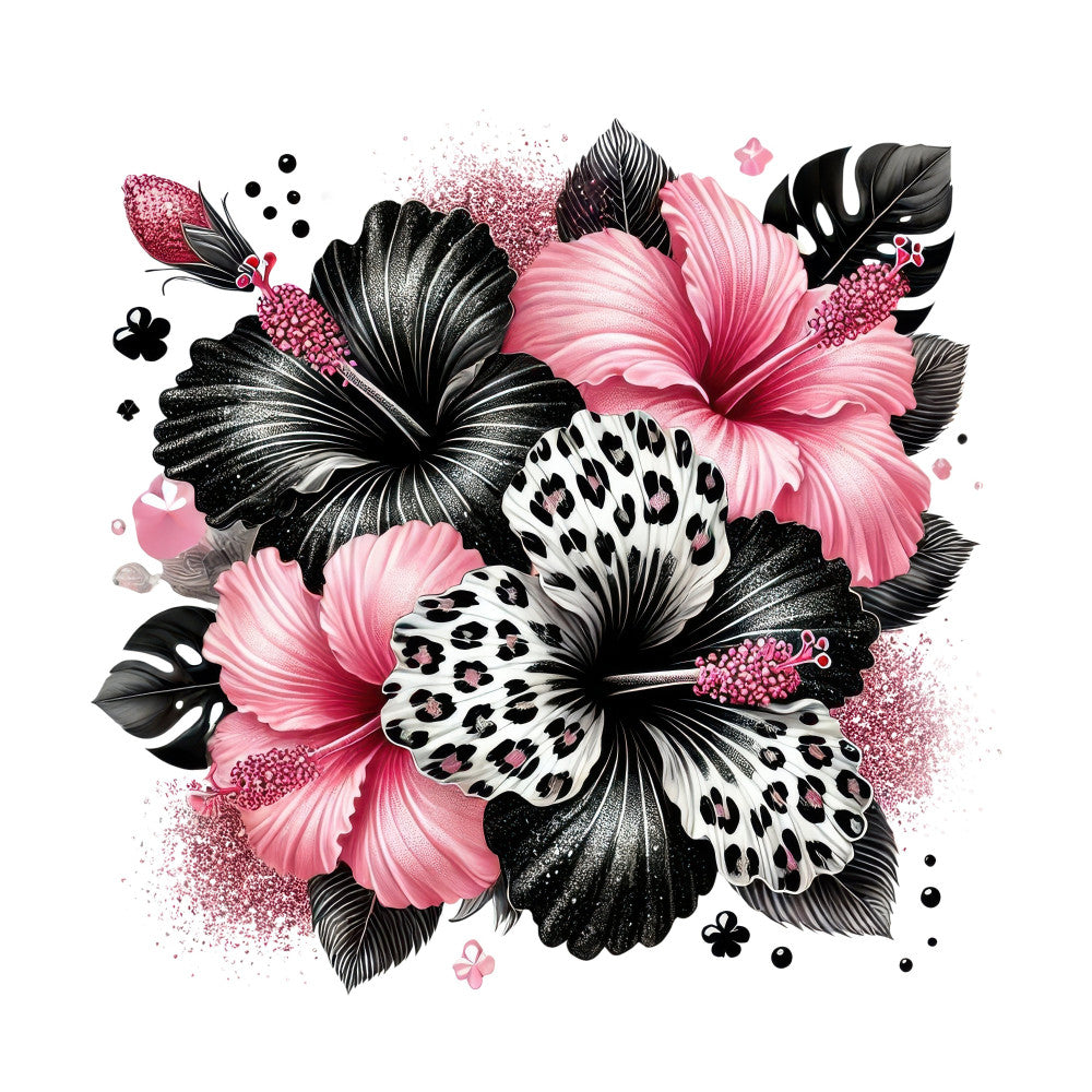 pink hibiscus, black and white, leopard print, animal print, floral design, botanical, nature inspired, modern, elegant, whimsical, tropical, summer, spring, hibiscus flowers, leopard spots, glitter accents, sparkle, pink glitter, black petals, monstera leaves, decorative elements, contemporary, vibrant, artistic, mixed media, accent fabric, statement print, bold design, feminine style