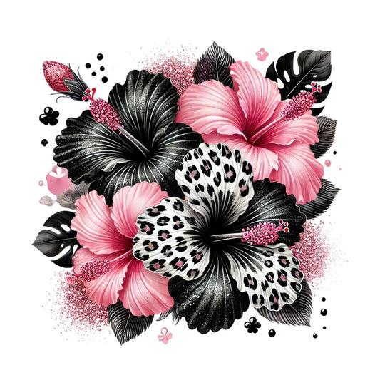 pink hibiscus, black and white, leopard print, animal print, floral design, botanical, nature inspired, modern, elegant, whimsical, tropical, summer, spring, hibiscus flowers, leopard spots, glitter accents, sparkle, pink glitter, black petals, monstera leaves, decorative elements, contemporary, vibrant, artistic, mixed media, accent fabric, statement print, bold design, feminine style