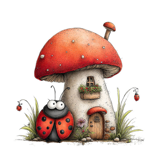 mushroom house, ladybug, whimsical, nature, animals, insects, red, cream, white, green, cottage core, fairy tale, storybook, fantasy, woodland, garden, spring, summer, children's, adorable, cute, playful, rustic, decorative panel, wall hanging, children's quilt, nursery, enchanted forest, gnome, toadstool