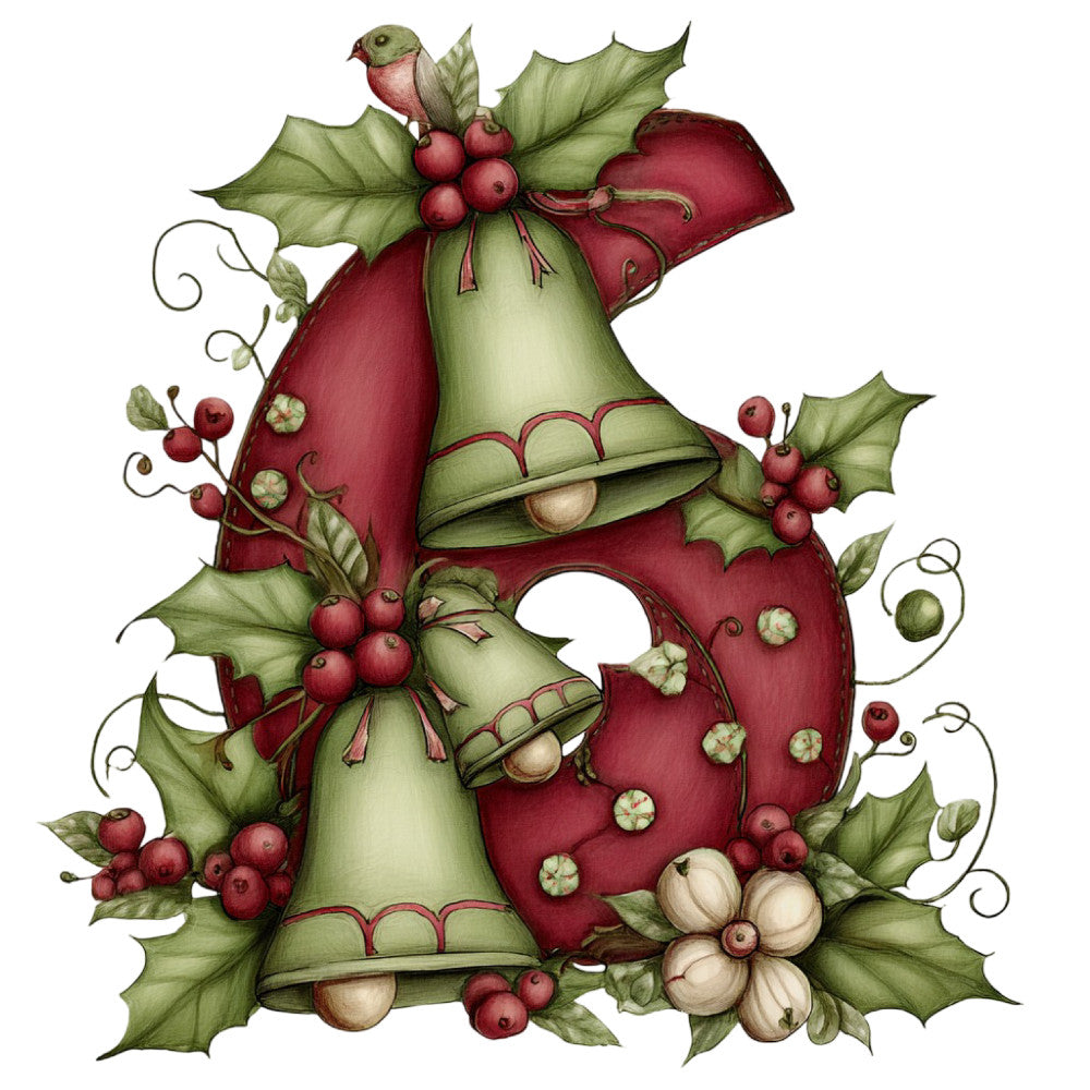 christmas, holiday, festive, whimsical, vintage, nature, floral, botanical, bells, holly, berries, red, cream, green, sage green, dusty rose, crimson, cream white, jingle bells, peas in pods, flowers, birds, decorative, traditional, elegant, seasonal, winter, retro, storybook, fairy tale