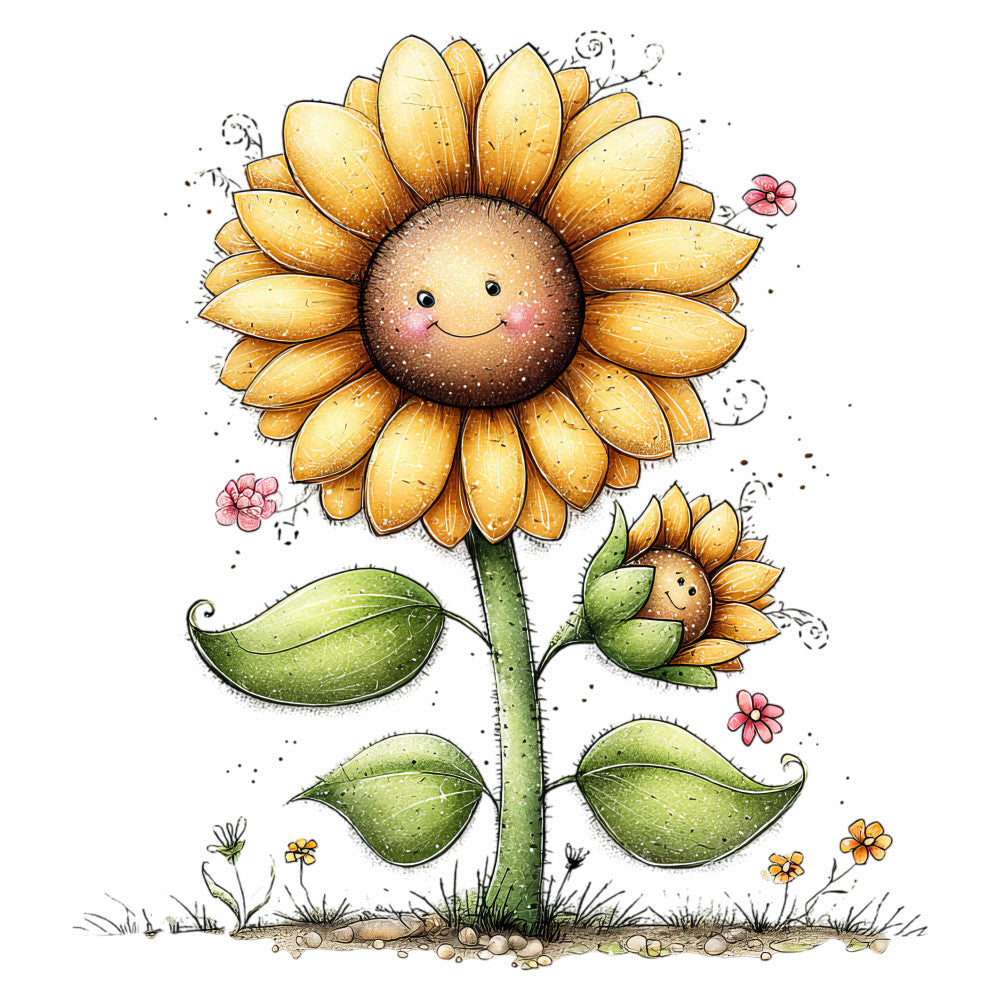 cheerful sunflower, golden yellow, sage green, blush pink, whimsical, nature, botanical, smiling flower face, spring, summer, children's, nursery, baby quilt, wall hanging, cute animals, anthropomorphic, folk art, cottage core, farmhouse, illustrated, hand-painted style, stems and leaves, wildflowers, daisy motifs, playful, bright and cheerful, garden themed, flower panel, decorative, storybook illustration