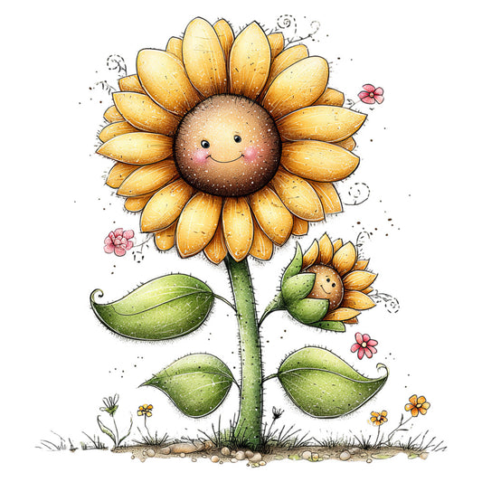 cheerful sunflower, golden yellow, sage green, blush pink, whimsical, nature, botanical, smiling flower face, spring, summer, children's, nursery, baby quilt, wall hanging, cute animals, anthropomorphic, folk art, cottage core, farmhouse, illustrated, hand-painted style, stems and leaves, wildflowers, daisy motifs, playful, bright and cheerful, garden themed, flower panel, decorative, storybook illustration