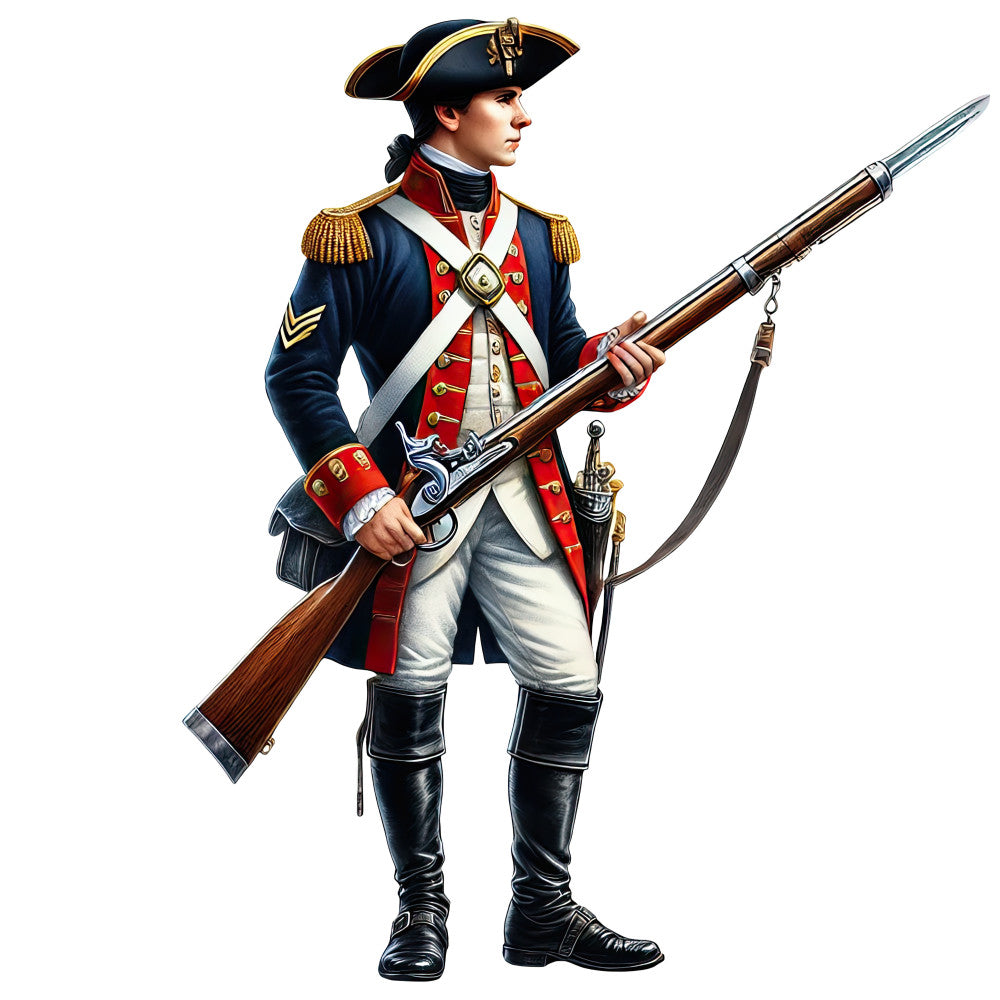 colonial soldier, revolutionary war, military uniform, tricorn hat, musket, bayonet, navy blue, red coat, gold trim, white crossbelt, black boots, 18th century, american revolution, patriotic, historical figure, fabric panel, quilting cotton, detailed illustration, period costume, continental army