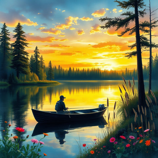 sunset, golden yellow, orange, forest green, deep blue, nature, landscape, lake, water, fishing, boat, trees, pine trees, conifer, wildflowers, floral, daisies, rustic, peaceful, scenic, outdoor, tranquil, reflection, dawn, dusk, evening, solitude, contemplative, romantic, elegant