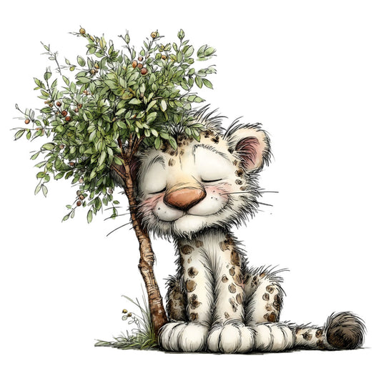 white tiger, baby animals, cute animals, whimsical, nature, forest green, sage green, cream white, brown accents, botanical, leaves, berries, playful, children's fabric, nursery, animal print, gentle, soft colors, storybook, illustration style, kawaii, adorable creatures, spring, summer, woodland, garden theme, decorative panel, character fabric