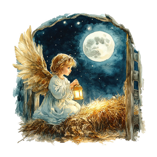 angel, celestial, night sky, moon, stars, lantern, wings, nativity, christmas, religious, spiritual, whimsical, vintage, storybook, children, nursery, baby, soft gold, cream, ivory, pale blue, navy blue, teal, dark blue, peaceful, gentle, holy, nativity scene, barn, straw