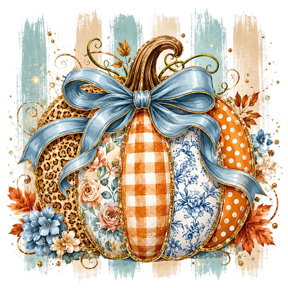 autumn pumpkin, blue bow, leopard print, floral, gingham, polka dots, toile, gold accents, blue flowers, orange and white, cream, sage green, rust orange, vintage, elegant, whimsical, pumpkin patch, harvest, fall, botanical, damask, checkered, decorative bow, seasonal, farmhouse, thanksgiving, autumn leaves, mixed patterns, gold metallic, ornamental scrolls