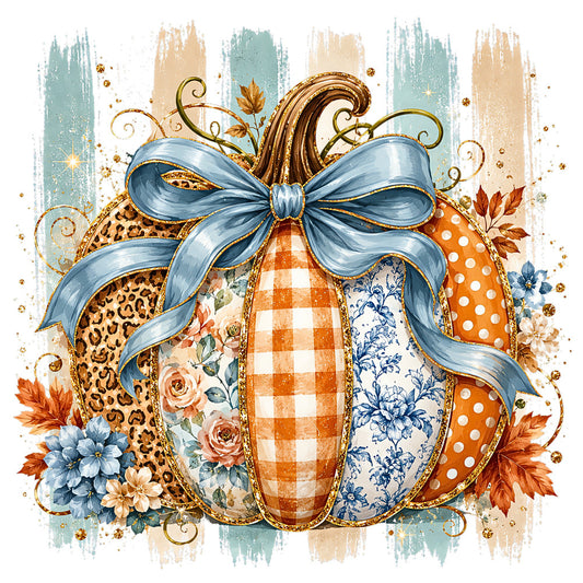autumn pumpkin, blue bow, leopard print, floral, gingham, polka dots, toile, gold accents, blue flowers, orange and white, cream, sage green, rust orange, vintage, elegant, whimsical, pumpkin patch, harvest, fall, botanical, damask, checkered, decorative bow, seasonal, farmhouse, thanksgiving, autumn leaves, mixed patterns, gold metallic, ornamental scrolls