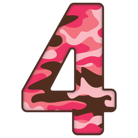 hot pink, coral pink, light pink, dark brown, chocolate brown, camouflage, camo pattern, abstract, modern, geometric, bold, vibrant, contemporary, playful, whimsical, number four, numeric, digit, children, kids, fun, colorful, mixed media, layered, artistic, trendy, casual, youth style