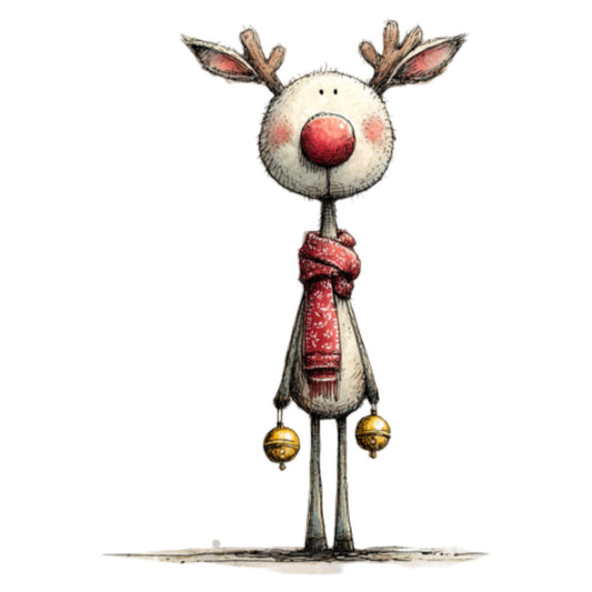 reindeer, rudolph, red nose, christmas, holiday, whimsical, cute animals, festive, winter, cream, red, gold, scarf, jingle bells, charming, children's, folk art, storybook, vintage, rustic, decorative, seasonal, nostalgic, playful, character panel, december, yuletide, jolly, quirky