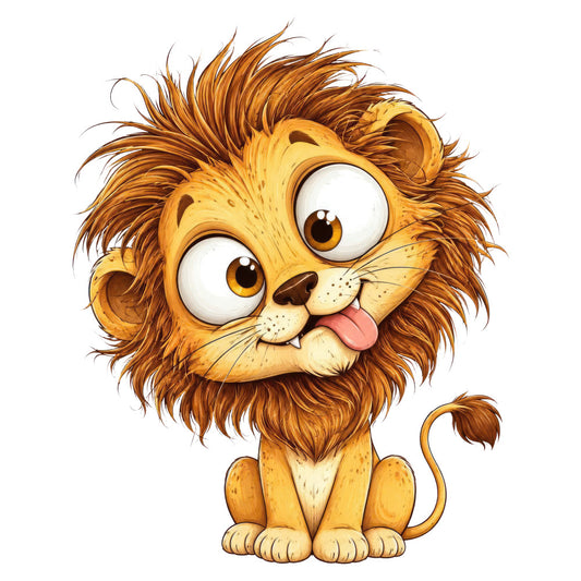 golden yellow, brown, tan, cream, amber, cartoon lion, cute lion, animal face, whimsical, playful, children's, kids, baby, funny expression, silly, tongue out, big eyes, character design, wildlife, safari, zoo animals, nursery, cute animals, charming, light-hearted, cheerful, colorful, illustration style, storybook, animated
