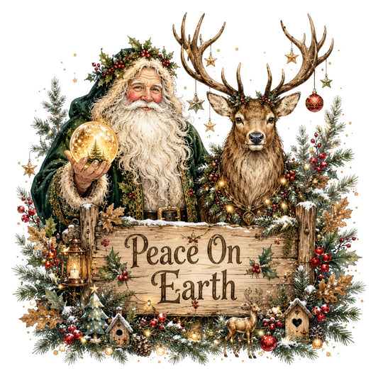 santa, reindeer, christmas, holiday, winter, peace on earth, forest green, cream, gold, red, rustic, traditional, whimsical, vintage, woodland, festive, nature, animals, deer, stars, ornaments, pine branches, berries, lantern, snow, elegant, seasonal, christmas greeting, nativity style, cottage core