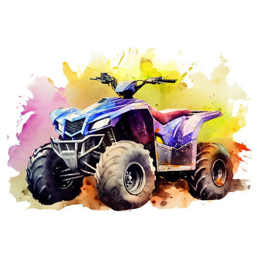 watercolor, four wheeler, atv, quad bike, purple, blue, yellow, pink, orange, splatter effect, paint splash, vehicle, off-road, adventure, fabric panel, cotton panel, quilting fabric, recreational vehicle, outdoor sports, vibrant colors, artistic style, transportation theme