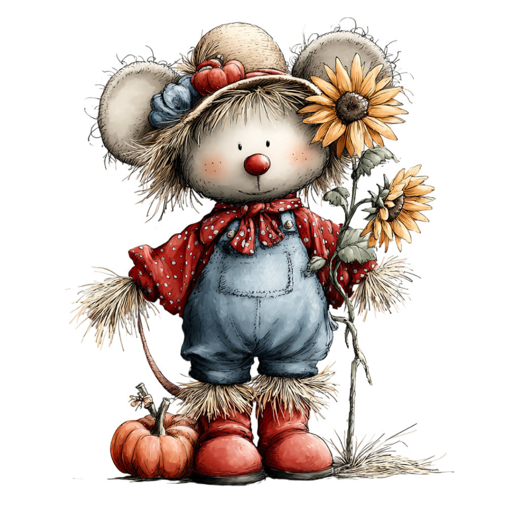 autumn, fall, scarecrow, harvest, farmer, countryside, rustic, whimsical, children's, farmhouse, sunflower, pumpkin, red, blue, cream, tan, straw, vintage, cheerful, cute, nature, garden, seasonal, countryside charm, folk art, traditional, pastoral, storybook, character, countryside scene