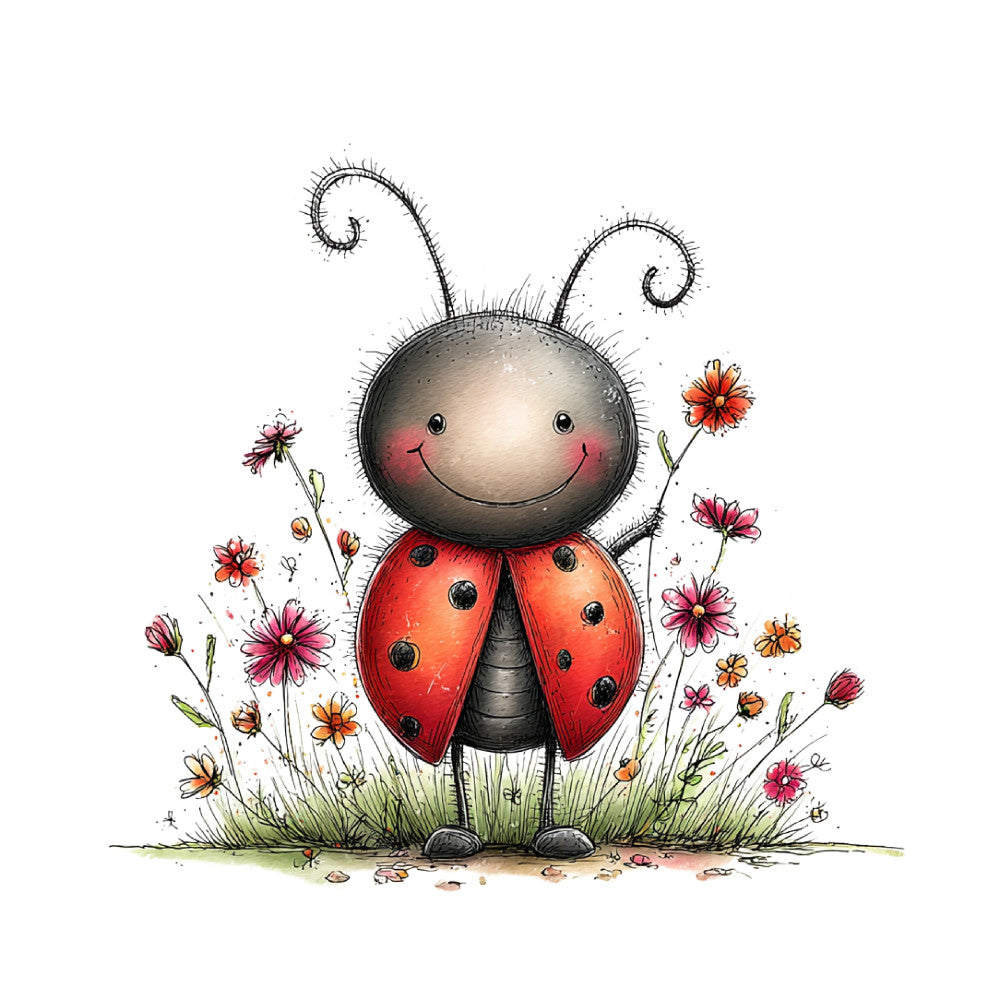 ladybug, red and black, whimsical, cute, children's, animals, insects, flowers, spring, nature, garden, smiling face, happy, playful, colorful, pink flowers, orange flowers, daisy, cheerful, charming, illustration style, storybook, nursery, baby, pastoral, sweet, folk art, decorative, yellow green, coral orange