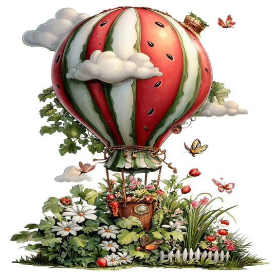 hot air balloon, strawberry, red, cream, forest green, sage green, white, floral, nature, whimsical, vintage, botanical, spring, summer, butterflies, daisies, wildflowers, clouds, sky, pastoral, cottage core, children's, nursery, fantasy, garden, picnic, strawberry themed, romantic, sweet, playful