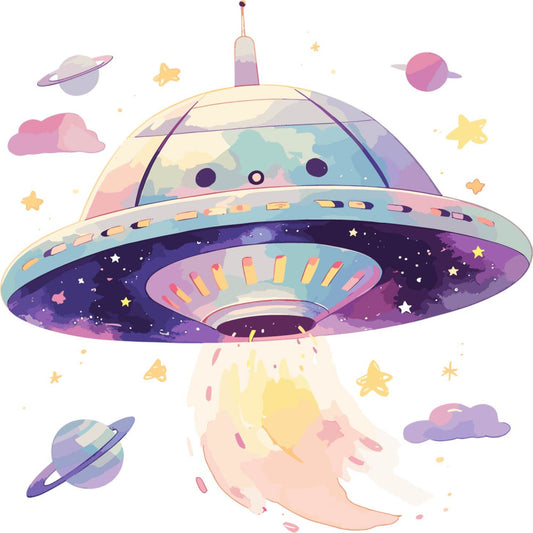 celestial, space, ufo, flying saucer, whimsical, pastel pink, lavender, soft purple, pale yellow, mint green, soft blue, stars, planets, clouds, sci-fi, fantasy, children's, kids, nursery, baby, alien, cosmic, dreamy, magical, playful, gender neutral, outer space, light and airy, soft pastels, cute