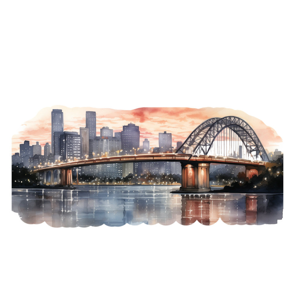 cityscape, urban skyline, arch bridge, sunset, dawn, dusk, architectural, modern, elegant, sophisticated, navy blue, gold, coral, peach, orange, rust, warm tones, cool tones, water reflection, river scene, building, skyscrapers, landscape, scenic, travel, city life, home decor, wall hanging, bedding