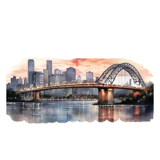 cityscape, urban skyline, arch bridge, sunset, dawn, dusk, architectural, modern, elegant, sophisticated, navy blue, gold, coral, peach, orange, rust, warm tones, cool tones, water reflection, river scene, building, skyscrapers, landscape, scenic, travel, city life, home decor, wall hanging, bedding