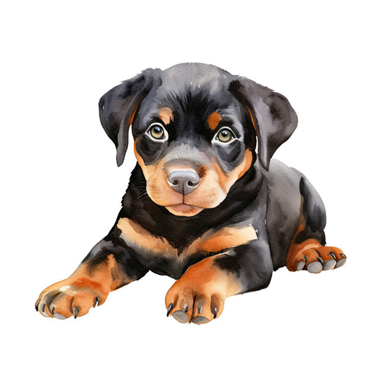 Watercolor Rottweiler Fabric Panel 21 featuring a detailed, premium quilting cotton print of a cute Rottweiler puppy.