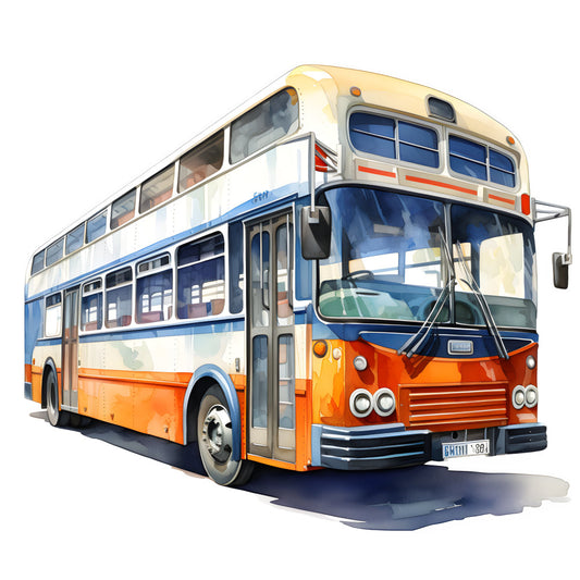 double-decker bus, vintage bus, red orange, cream white, navy blue, gold yellow, transportation, vehicles, british bus, retro, vintage style, whimsical, nostalgic, travel theme, iconic bus, london bus, public transportation, collectible, children's theme, novelty print, mid-century modern, geometric shapes, detailed illustration, iconic vehicles, travel themed quilt, nursery decor, boy's quilt, adventure theme, timeless design