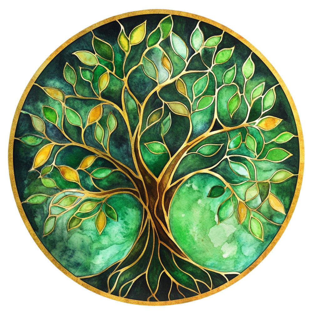 forest green, emerald green, gold, golden brown, dark teal, nature, tree of life, botanical, leaves, roots, organic, elegant, spiritual, mandala, circular design, symmetrical, watercolor effect, ombre, natural tones, earthy, zen, meditation, wall hanging, home decor, timeless, peaceful, growth, life cycle, artistic, hand-painted style
