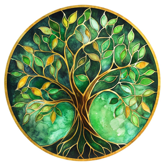 forest green, emerald green, gold, golden brown, dark teal, nature, tree of life, botanical, leaves, roots, organic, elegant, spiritual, mandala, circular design, symmetrical, watercolor effect, ombre, natural tones, earthy, zen, meditation, wall hanging, home decor, timeless, peaceful, growth, life cycle, artistic, hand-painted style