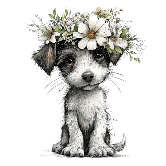 black and white dog, small dog, puppy, chihuahua, floral crown, daisies, white flowers, wildflowers, botanical, nature, whimsical, cute animals, pet portrait, dog illustration, cream white, black, tan, botanical illustration, spring, summer, baby nursery, children's, sweet, charming, folk art, decorative, animal lover, dog lover, flower crown, delicate florals
