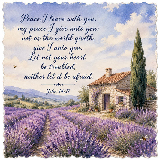 lavender, purple, blue sky, cream, sage green, cypress trees, stone cottage, tuscan landscape, floral, nature, countryside, religious, inspirational, scripture, john 14:27, peaceful, serene, elegant, rustic, farmhouse, botanical, lavender fields, spring, summer, vintage, traditional, provence, mediterranean, spiritual, calming