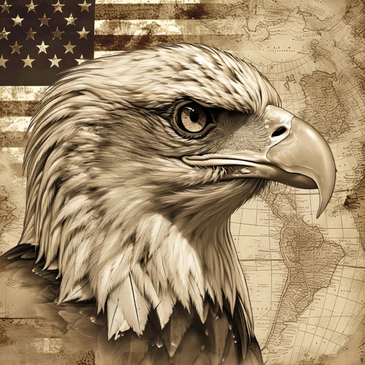 eagle, bald eagle, patriotic, american flag, stars and stripes, vintage map, sepia tone, brown, tan, beige, cream, antique, heritage, americana, wildlife, birds, raptors, vintage style, rustic, masculine, historical, geography, exploration, traditional, distinguished, elegant, wall hanging, home decor, nature themed