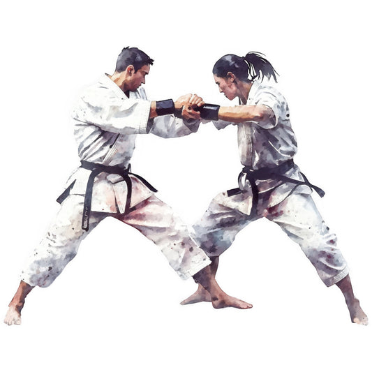 martial arts, karate, taekwondo, judo, sports, watercolor, abstract, athletic, action, combat, fighting, discipline, training, gray, white, tan, beige, neutral tones, unisex, instructional, educational, gym, dojo, fitness, active wear, modern, contemporary, people, figures, dynamic movement