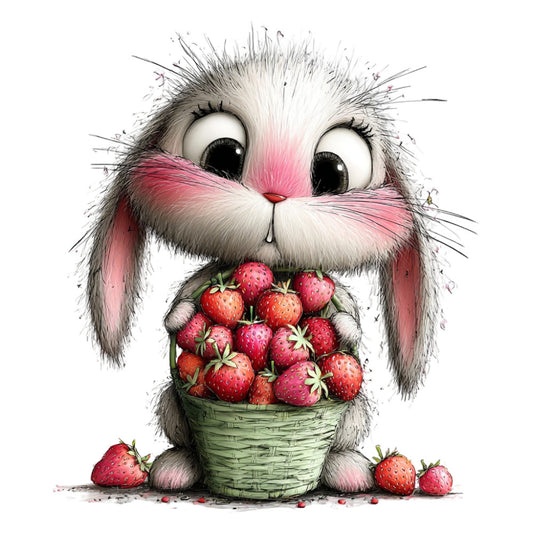 cute bunny, rabbit illustration, strawberry basket, spring animals, whimsical creatures, pink and white, soft pink, dusty rose, sage green, charcoal gray, children's fabric, baby animals, farmhouse style, garden theme, nature illustration, fruit motif, strawberries, woodland creatures, playful design, innocent style, easter theme, springtime, decorative panel, wall hanging, nursery decor, sweet animal character, detailed illustration, pastel colors, storybook style
