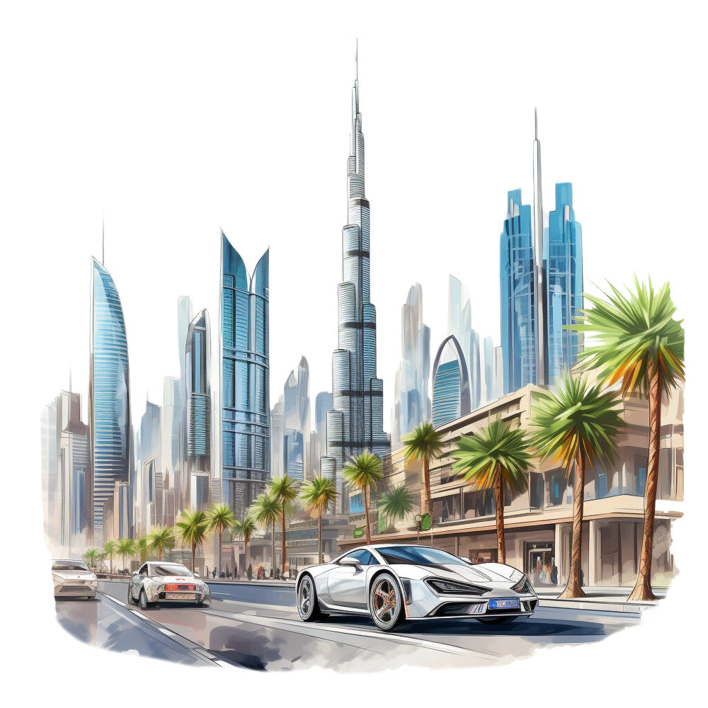 white sports car, blue skyscrapers, palm trees, urban cityscape, modern architecture, turquoise buildings, beige street, luxury vehicles, tropical plants, futuristic skyline, fabric panel, quilting cotton, contemporary art style, middle eastern city, glass towers, automotive theme, architectural design, urban landscape, digital illustration, travel motif