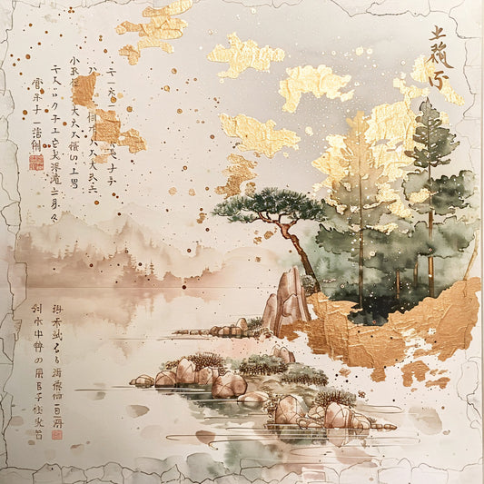 beige, tan, brown, sage green, golden yellow, watercolor style, asian landscape, pine trees, rocky shoreline, mountains, calligraphy text, rice paper texture, fabric panel, quilting cotton, serene scene, nature motif, oriental art, muted tones, peaceful setting, scattered rocks