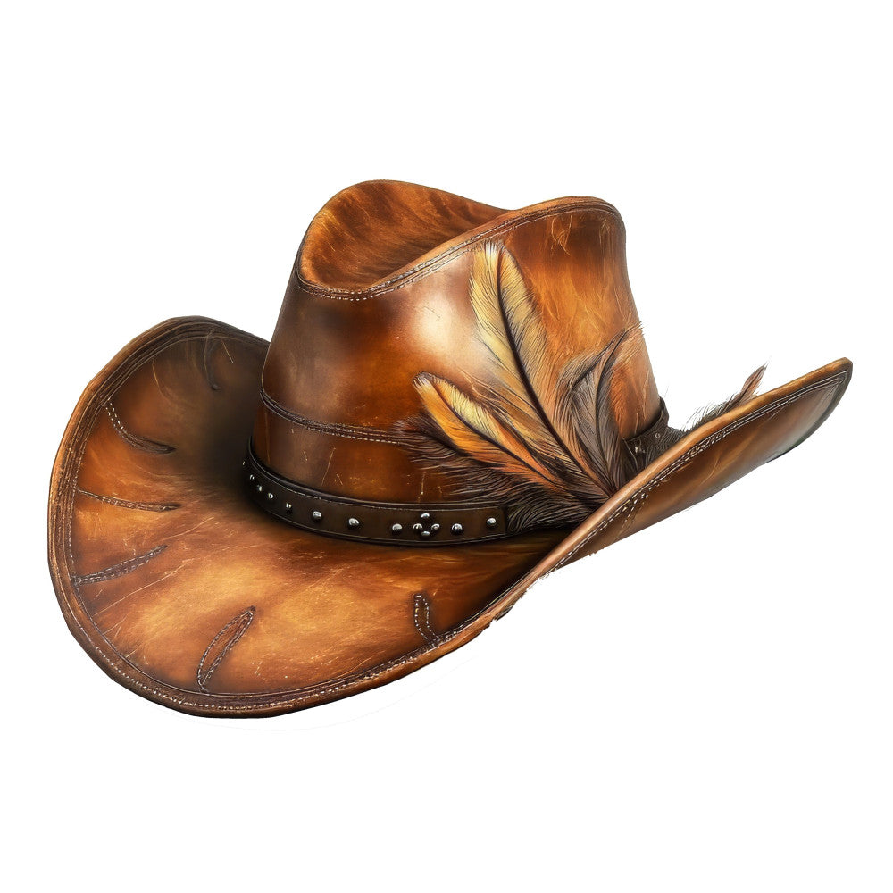 cowboy hat, western, leather, brown, tan, rust, gold, feathers, native american, southwest, country, rustic, vintage, traditional, farmland, rural, horses, rodeo, ranch, fall, autumn, home decor, wall hanging, western wear, boho, bohemian, nature inspired, folk art, suede texture
