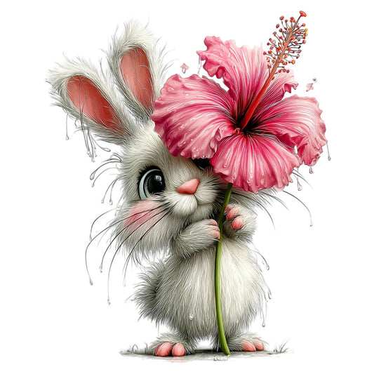 white rabbit, pink hibiscus, floral, whimsical, cute animals, nature, spring, summer, soft pink, coral pink, white, cream, charcoal gray, botanical, animal illustration, children's, baby quilt, nursery, wall hanging, romantic, gentle, playful, decorative panel, garden, flowers, bunny, stamen detail, watercolor style, delicate, sweet