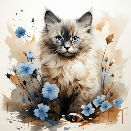Watercolor Cats with Flowers Fabric Panel 16 featuring a detailed blue-eyed cat surrounded by delicate blue and brown flowers.