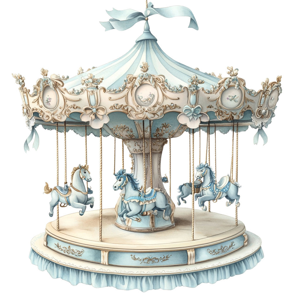 vintage carousel, pale blue, cream, soft blue, gold accents, ornate, whimsical, horses, merry-go-round, nostalgic, elegant, classic, decorative, baby nursery, pastel, romantic, fairytale, victorian, ornamental, ribbons, bows, delicate, children's fabric, baby shower, theme fabric, carnival, amusement park, retro charm, timeless design, whimsy