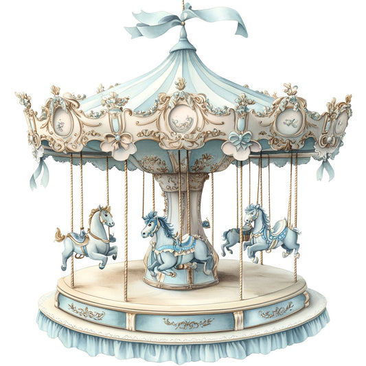 vintage carousel, pale blue, cream, soft blue, gold accents, ornate, whimsical, horses, merry-go-round, nostalgic, elegant, classic, decorative, baby nursery, pastel, romantic, fairytale, victorian, ornamental, ribbons, bows, delicate, children's fabric, baby shower, theme fabric, carnival, amusement park, retro charm, timeless design, whimsy
