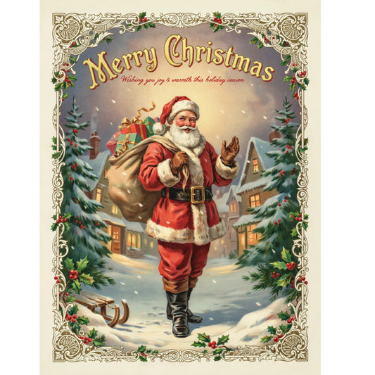merry christmas, santa claus, vintage christmas, holiday, winter scene, snow, christmas village, festive, traditional, elegant, nostalgic, red, cream, forest green, gold, dark brown, boots, gift sack, presents, holly, berries, evergreen trees, snowy landscape, old-fashioned, victorian style, christmas decor, seasonal, december, cozy, warm wishes