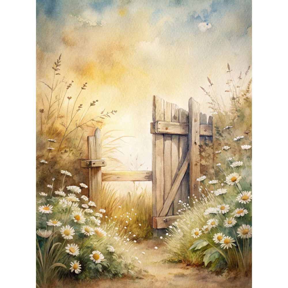 watercolor painting, wooden gate, country garden, daisies, wildflowers, pastoral scene, rustic fence, golden yellow, soft blues, cream tones, brown earth tones, cottage core, countryside, fabric panel, quilting cotton, nature scene, meadow flowers, farm gate, vintage style, peaceful landscape