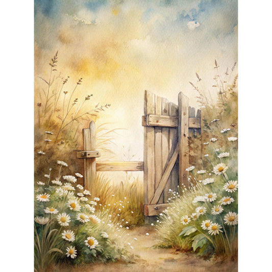watercolor painting, wooden gate, country garden, daisies, wildflowers, pastoral scene, rustic fence, golden yellow, soft blues, cream tones, brown earth tones, cottage core, countryside, fabric panel, quilting cotton, nature scene, meadow flowers, farm gate, vintage style, peaceful landscape