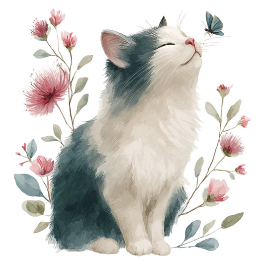 cat, kitten, white cat, tuxedo cat, pink flowers, floral, butterflies, nature, whimsical, cute, animal, woodland, garden, spring, pastel colors, soft colors, dusty rose, sage green, teal, cream white, charcoal gray, delicate, gentle, sweet, children, kids, baby, nursery, illustration, watercolor