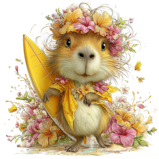 guinea pig, floral, yellow, pink, cream, whimsical, cute animals, spring, summer, nature, flowers, butterflies, garden, pastel colors, soft colors, children's fabric, baby quilt, animal lover, cheerful, playful, bohemian, fantasy, illustrated, decorative panel, wall hanging, nursery, woodland creatures, daisy, hibiscus, golden yellow
