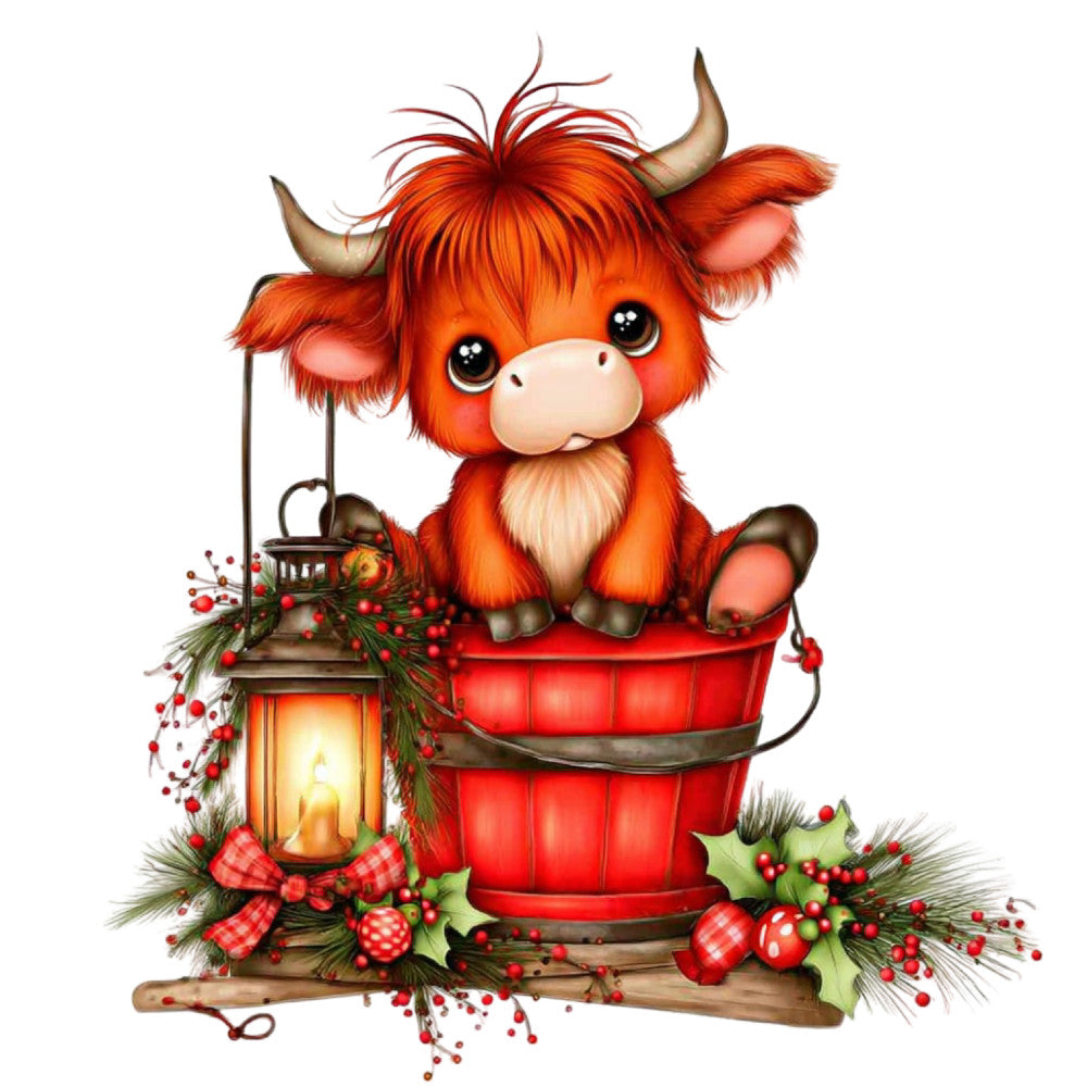 red, orange, cream, brown, festive, plaid, checkered, holiday, christmas, winter, animals, cattle, highland cow, cute, whimsical, rustic, farmhouse, lantern, evergreen, holly, berries, decorative, seasonal, wall hanging, home decor, festive decor, red plaid bow, cozy, traditional