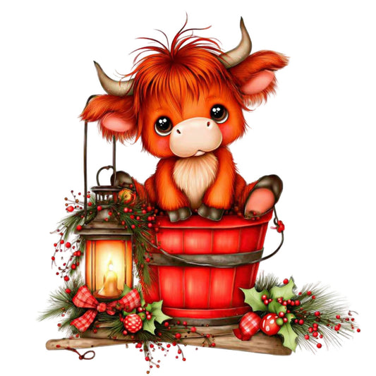 red, orange, cream, brown, festive, plaid, checkered, holiday, christmas, winter, animals, cattle, highland cow, cute, whimsical, rustic, farmhouse, lantern, evergreen, holly, berries, decorative, seasonal, wall hanging, home decor, festive decor, red plaid bow, cozy, traditional