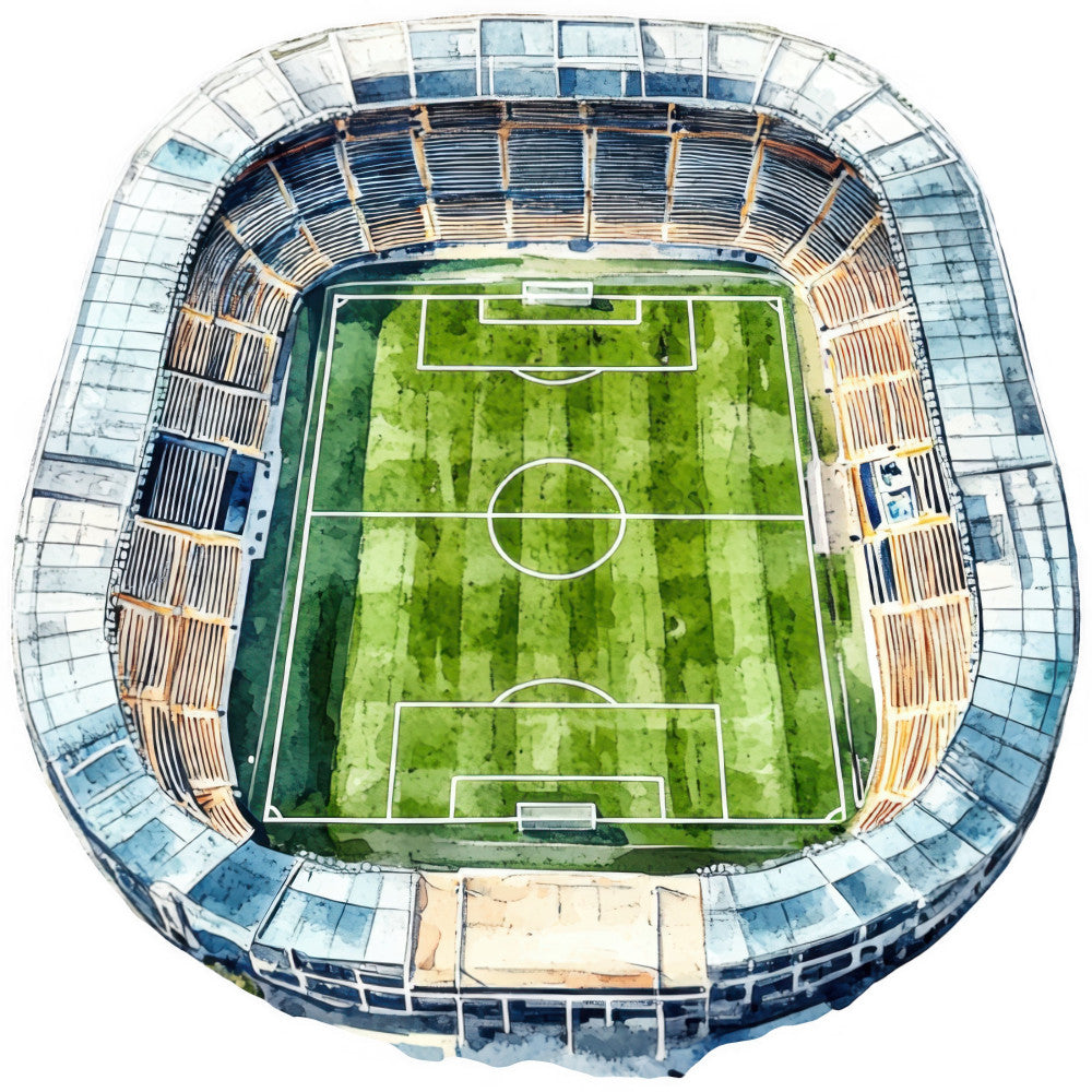 soccer, football, sports, stadium, grass field, green, white, blue, orange, geometric, athletic, recreation, sports theme, ball game, pitch, field markings, modern, contemporary, boys, men, masculine, active lifestyle, sports fan, game day, competitive spirit, stadium seating, bleachers