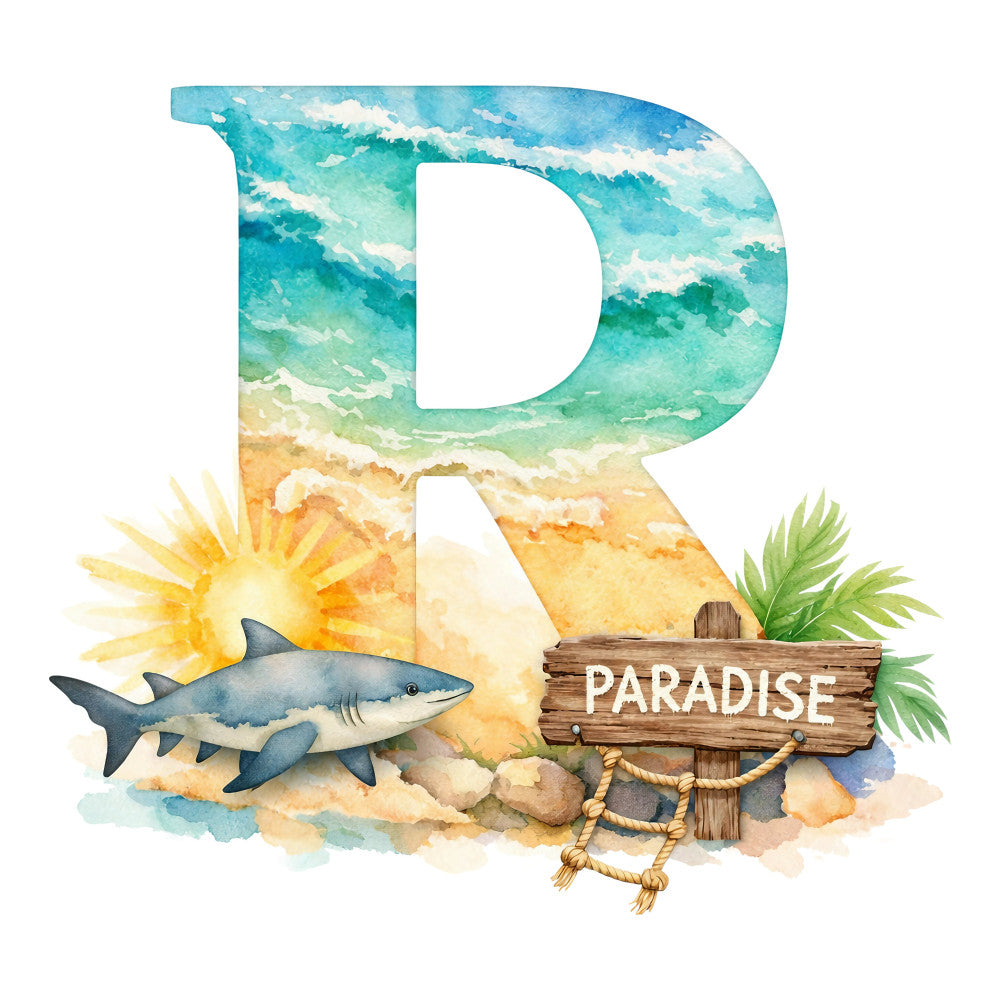 turquoise, aqua blue, ocean blue, sky blue, sandy beige, golden yellow, cream white, tropical, nautical, shark, ocean waves, beach, paradise, summer, seaside, whimsical, watercolor, coastal, underwater, marine life, sun, palm leaves, wooden sign, ocean theme, beach vacation, tropical getaway, letter r monogram, alphabet panel