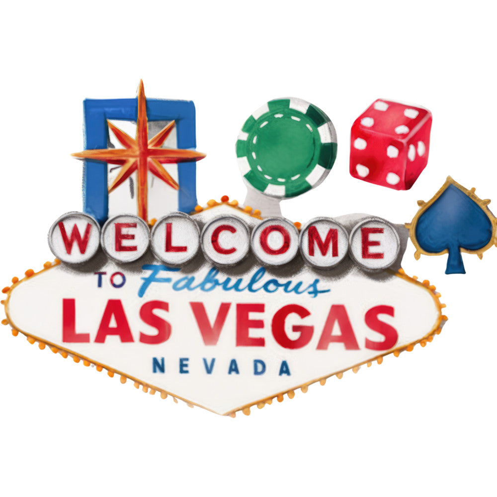watercolor style, casino theme, las vegas sign, gambling motifs, red dice, green poker chip, blue spade symbol, orange star burst, white background, gaming elements, nevada landmark, fabric panel, quilting cotton, entertainment design, vintage signage, casino colors, gambling accessories, iconic welcome sign, craft fabric, novelty print